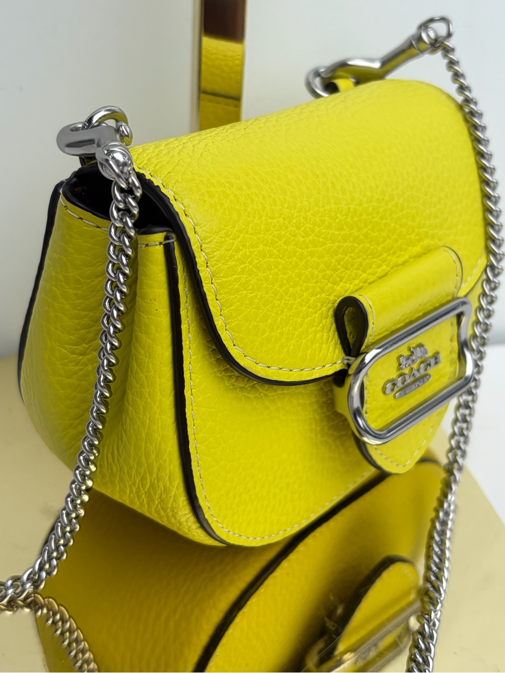 Coach Mini Morgan Saddle Crossbody Bag Neon Yellow Silver Chain Strap Purse - Picture 3 of 8